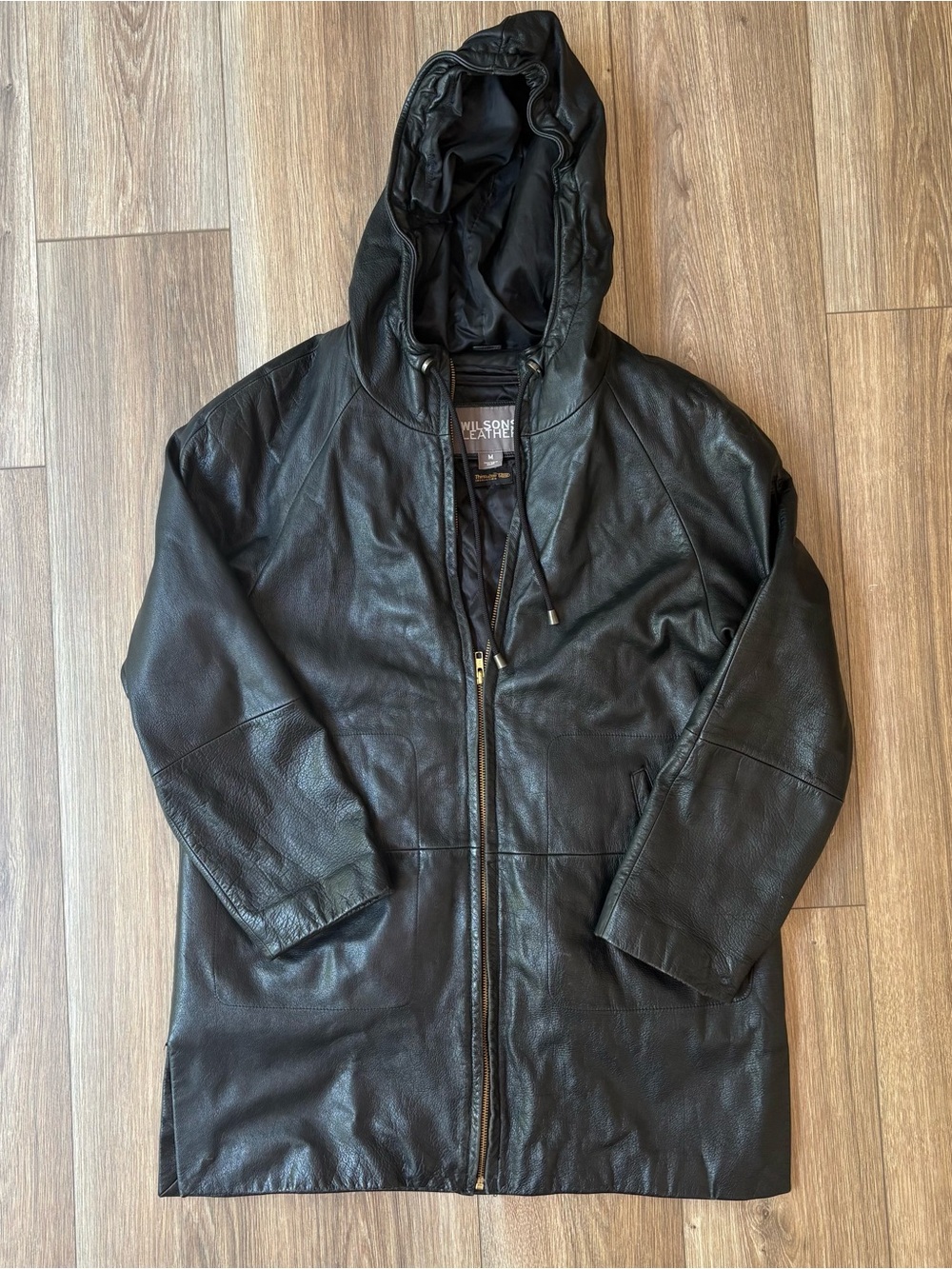 90s Sz M Wilsons Leather Hooded Jacket Black Women's Removable Lining Coat